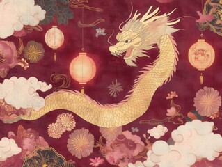 Elegant Golden Dragon Amidst Clouds and Lanterns