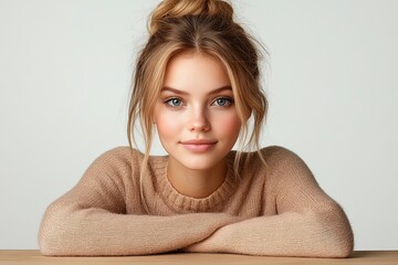 A young woman with a warm smile resting her chin on her arms, showcasing a natural look.