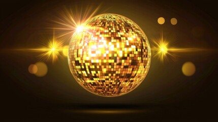 Fototapeta premium A shiny, golden disco ball reflects light, creating a vibrant atmosphere, ideal for parties and celebrations.