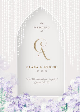 Moslem Wedding Invitation Template with Purple Hyacinths