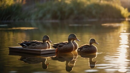 Three ducks resting on a floating platform in a serene water setting at sunset.
