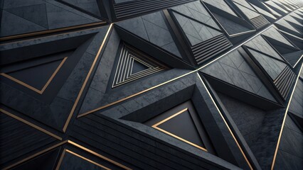Abstract Dark Grey and Gold Geometric Facade Design with Triangular and Linear Patterns