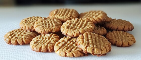 A delicious pile of freshly baked peanut butter cookies with a crisscross pattern, inviting and perfect for any sweet tooth.