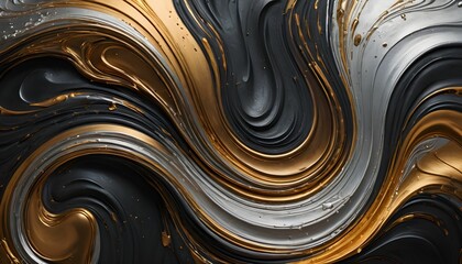 Abstract Swirls of Black, Gold, and Silver Paint