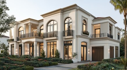 Obraz premium Elegant Modern Mansion Surrounded by Lush Landscaping, Featuring Large Windows, Balconies, and Contemporary Architectural Design in a Serene Suburban Neighborhood