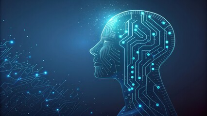 A futuristic digital head profile with glowing circuit lines illustrating technological advancements in cognitive processing