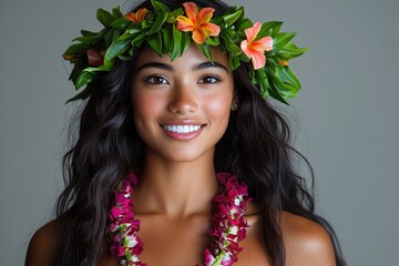 A smiling woman adorned with floral accessories, showcasing cultural beauty and tradition.