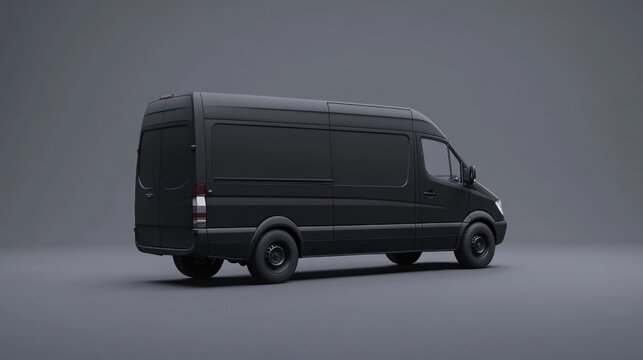 Black cargo van studio shot, rear view, grey background, mockup