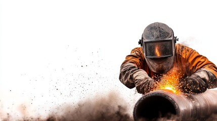 A welder working on a pipe, creating sparks and smoke in an industrial setting.