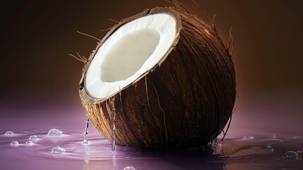 A coconut piece with water droplets against violet background
