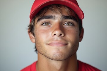 A young man with a friendly smile, wearing a red cap and shirt, against a neutral background.