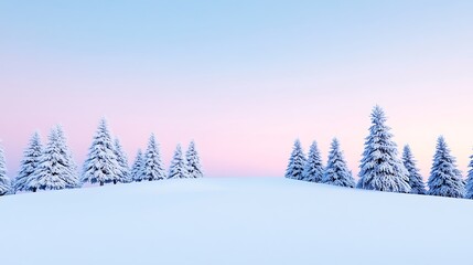 Snowy winter landscape with snow covered fir trees at sunrise.