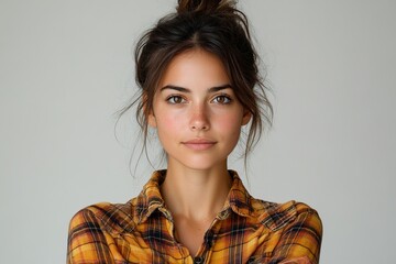A young woman with a warm expression wears a plaid shirt, posing against a neutral background.