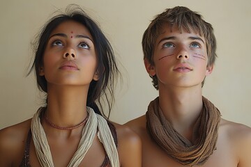 Two young individuals gazing upwards, adorned with necklaces and tribal markings.