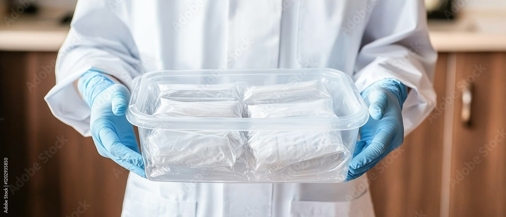 Poster a person in a lab coat holds a transparent container with neatly wrapped items, emphasizing cleanlin