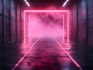 Pink Neon Lights Illuminate a Dark, Foggy Concrete Tunnel with Wet Floor Vividly.
