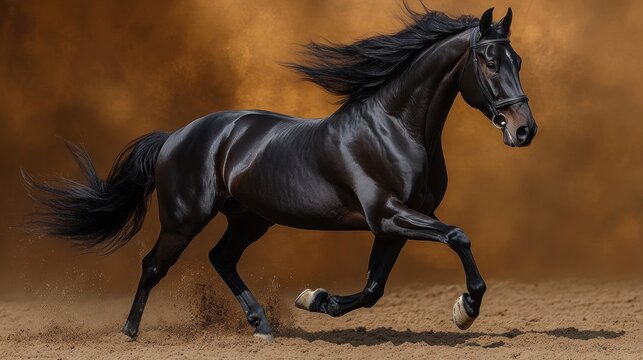 Majestic Friesian horse galloping gracefully against a dark background