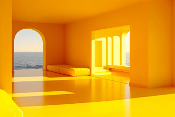 3D Orange Room with Arches Overlooking the Ocean in a Surreal Setting