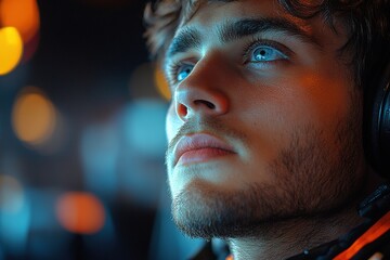 A focused young man with headphones gazes intently, immersed in a digital environment.