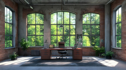 Modern office interior design displays a workspace with large windows overlooking lush greenery.