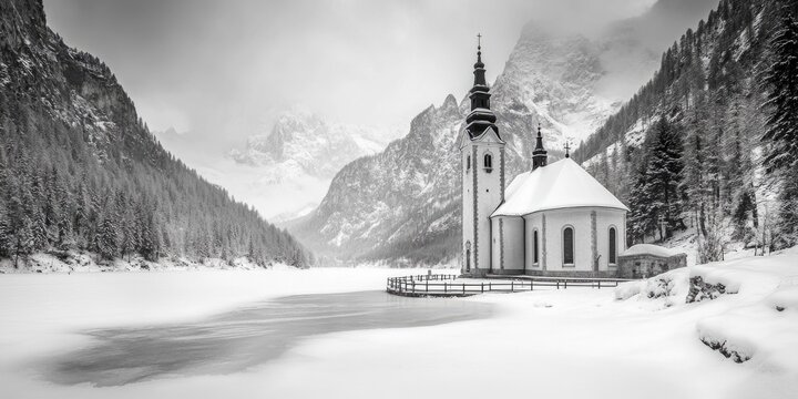 Black and White Church in Snow - Powered by Adobe