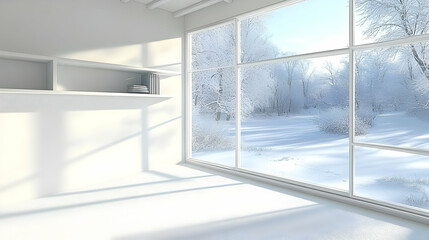Empty White Room Overlooks Snowy Winter Landscape through a Large Window with Bookshelf