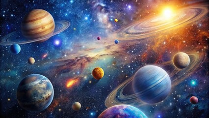 Celestial Galaxy Wallpaper with Glittering Stars and Planets in Orbit, starry night, galactic plane, orbit, dark matter, glittering stars