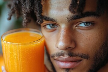 A young man holds a glass of orange juice close to his face, showcasing a refreshing drink.