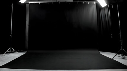 Obraz premium Empty Photo Studio with Black Backdrop, Lights, and Stands Set up for a Photoshoot