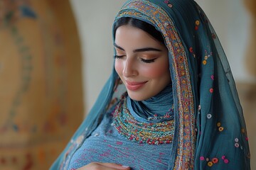A woman in traditional attire smiles gently, showcasing cultural beauty and elegance.