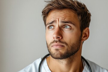 Obraz premium A thoughtful young man in medical attire, gazing upwards with a stethoscope around his neck.