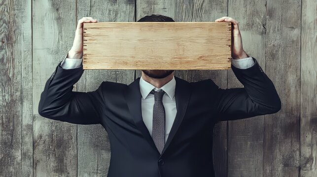 Businessman has a plank in front of his head, concept: have a plank in front of your head, stands for an obtuse, unintelligent person who cannot recognize the obvious, 16:9