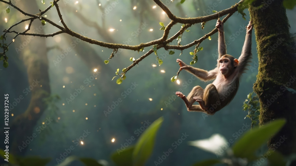 Poster a monkey hangs from a branch in a serene, magical forest filled with soft light.