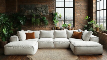 Fototapeta premium Cozy modern living room featuring a spacious sectional sofa with decorative pillows, surrounded by greenery and natural light