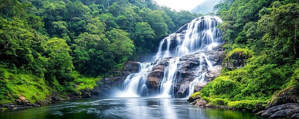 A breathtaking waterfall cascading through lush greenery, creating a serene atmosphere in nature's embrace.
