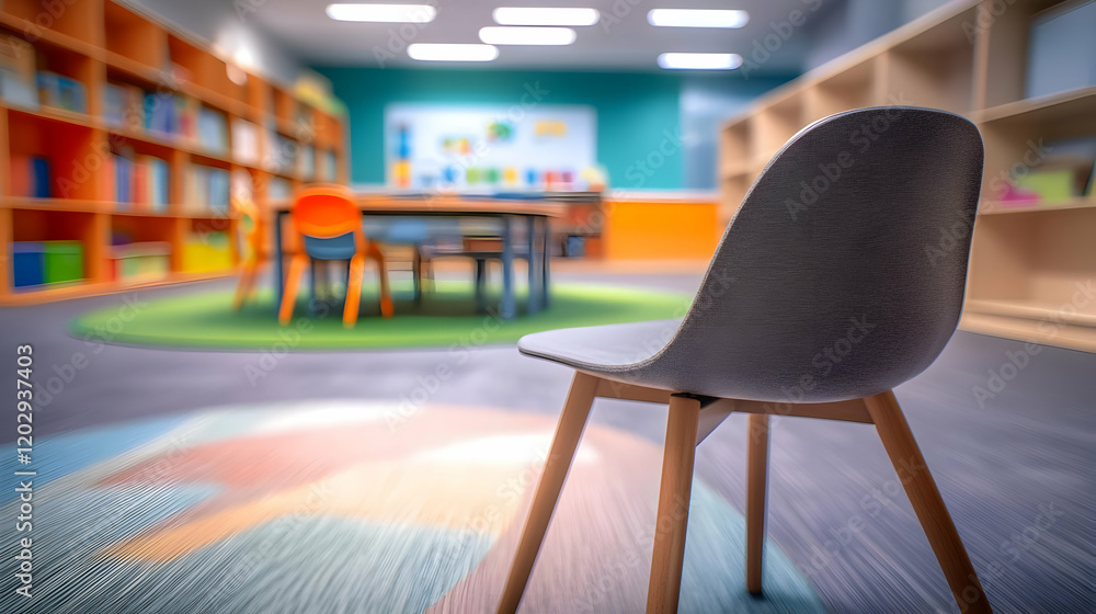 Poster empty chair in blurred classroom with bookshelves and colorful rug creates inviting learning space.