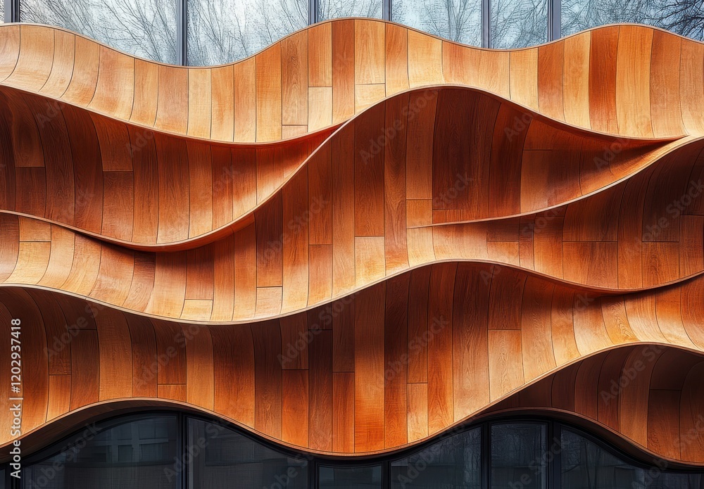 Poster elegant wooden wave wall design showcasing modern architecture with curved elements and warm texture