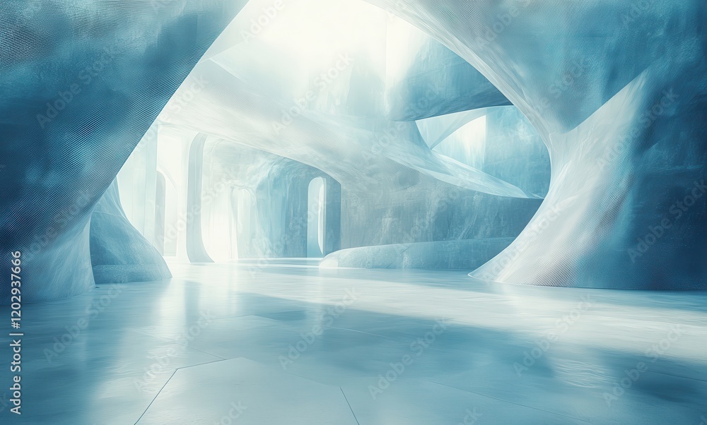 Poster ethereal abstract ice cavern with soft light, glacial forms, and smooth surfaces creating a dreamlik