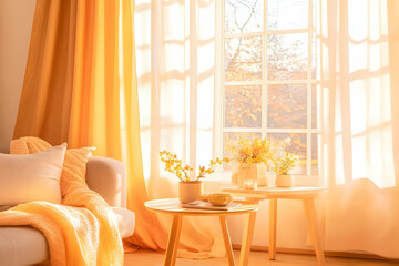 Cozy Living Room Interior Decorates with Natural Sunlight Showing Through Window with Golden Autumn Trees Outside