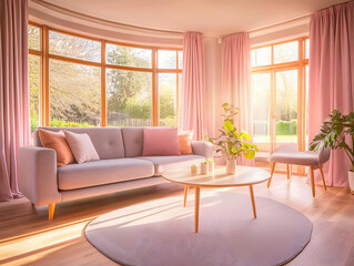Fototapeta premium Pink Living Room with Sofa and Chair in Sunlight with Plants and Rug