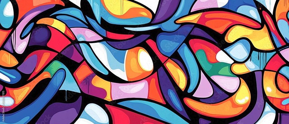 Poster a vibrant abstract design featuring swirling shapes and bold colors, creating a dynamic visual rhyth