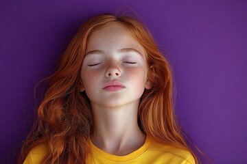 A serene portrait of a girl with red hair against a purple background, eyes closed in contemplation.