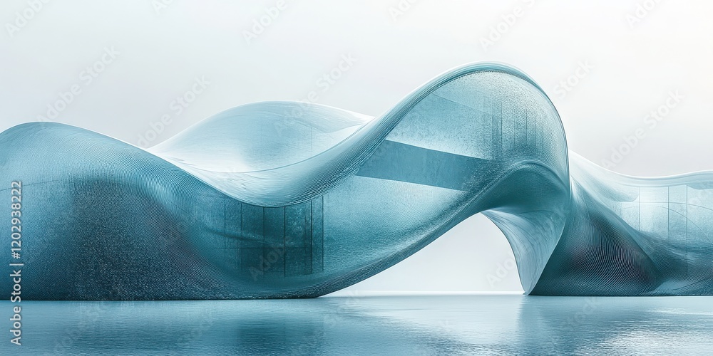 Poster ethereal wave sculpture in tranquil environment reflecting light with soft curves and flowing form, 