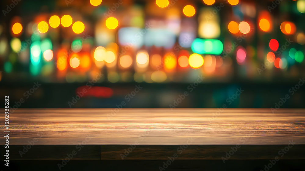 Poster empty wooden table top with blurred colorful bokeh lights background for product display