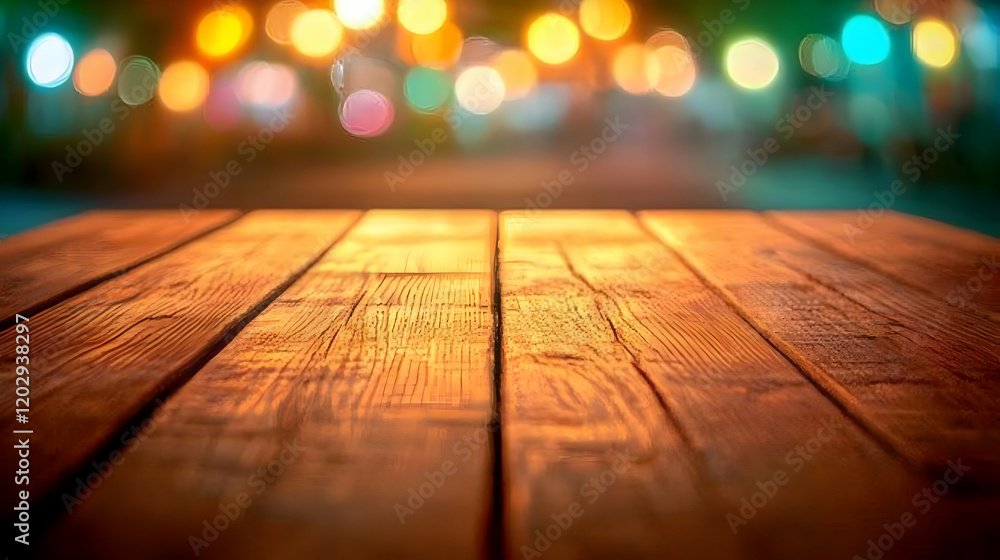 Poster Empty Wooden Table Top with Blurry Colorful Bokeh Lights Background for Product Display