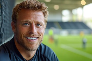 A smiling man with blonde hair and blue eyes, posing in a sports setting.