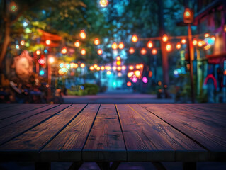 Empty Wooden Table Top with Blurred Night Market Background with String Lights