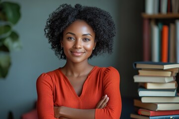 A smiling woman with curly hair poses confidently in a cozy room filled with books.