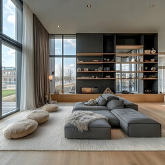 Modern Living Room Interior Design with Large Windows, Fireplace, and Modular Sofa Beautifully Decorated