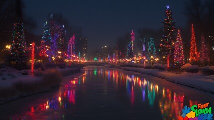 Obraz premium Festive Christmas Lights Illuminate Snowy Winter Canal